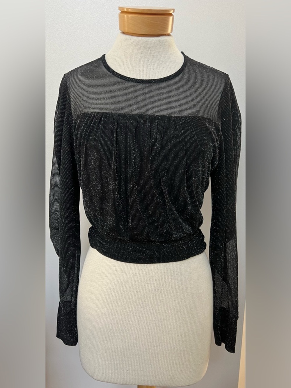 IRO Paris Brenner Metallic Sheer Top Black Long Sleeve Cropped Blouse Size 34